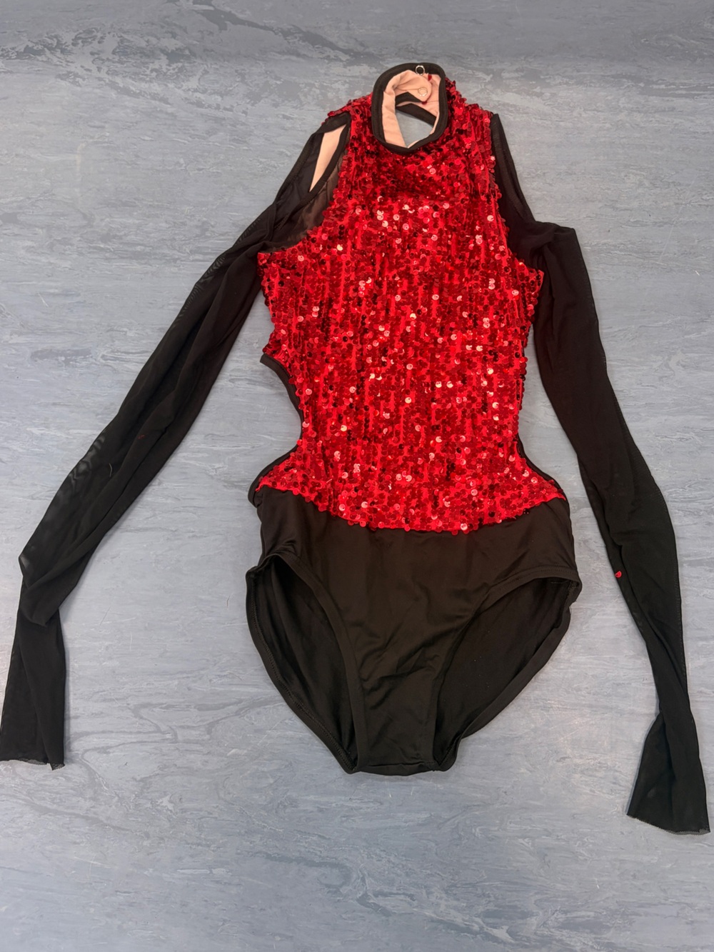 Women’s Red Sequin & Black Long-Sleeve One-Piece